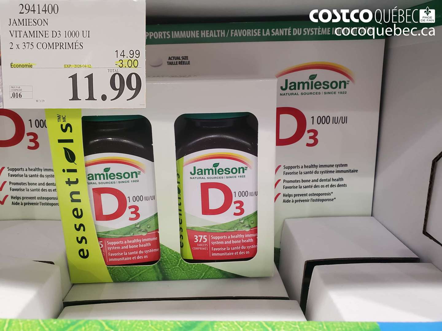 2941400 JAMIESON VITAMINE D3 1000 UI 2 X 375 COMPRIMÉS ($3.00 INSTANT SAVINGS EXPIRES ON 2026-04-12) $11.99