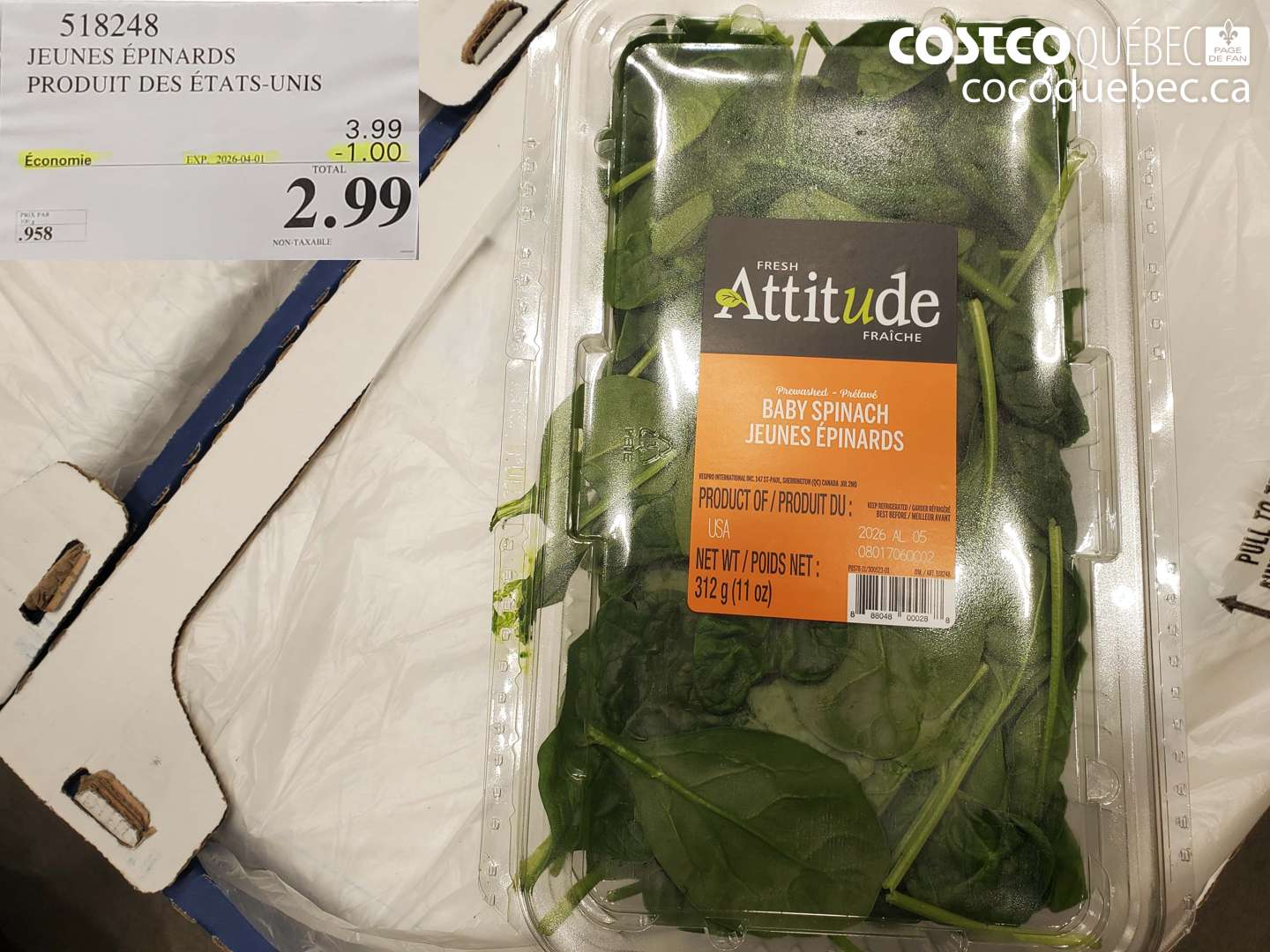 518248 JEUNES ÉPINARDS PRODUIT DES ÉTATS-UNIS ($1.00 INSTANT SAVINGS EXPIRES ON 2026-04-01) $2.99