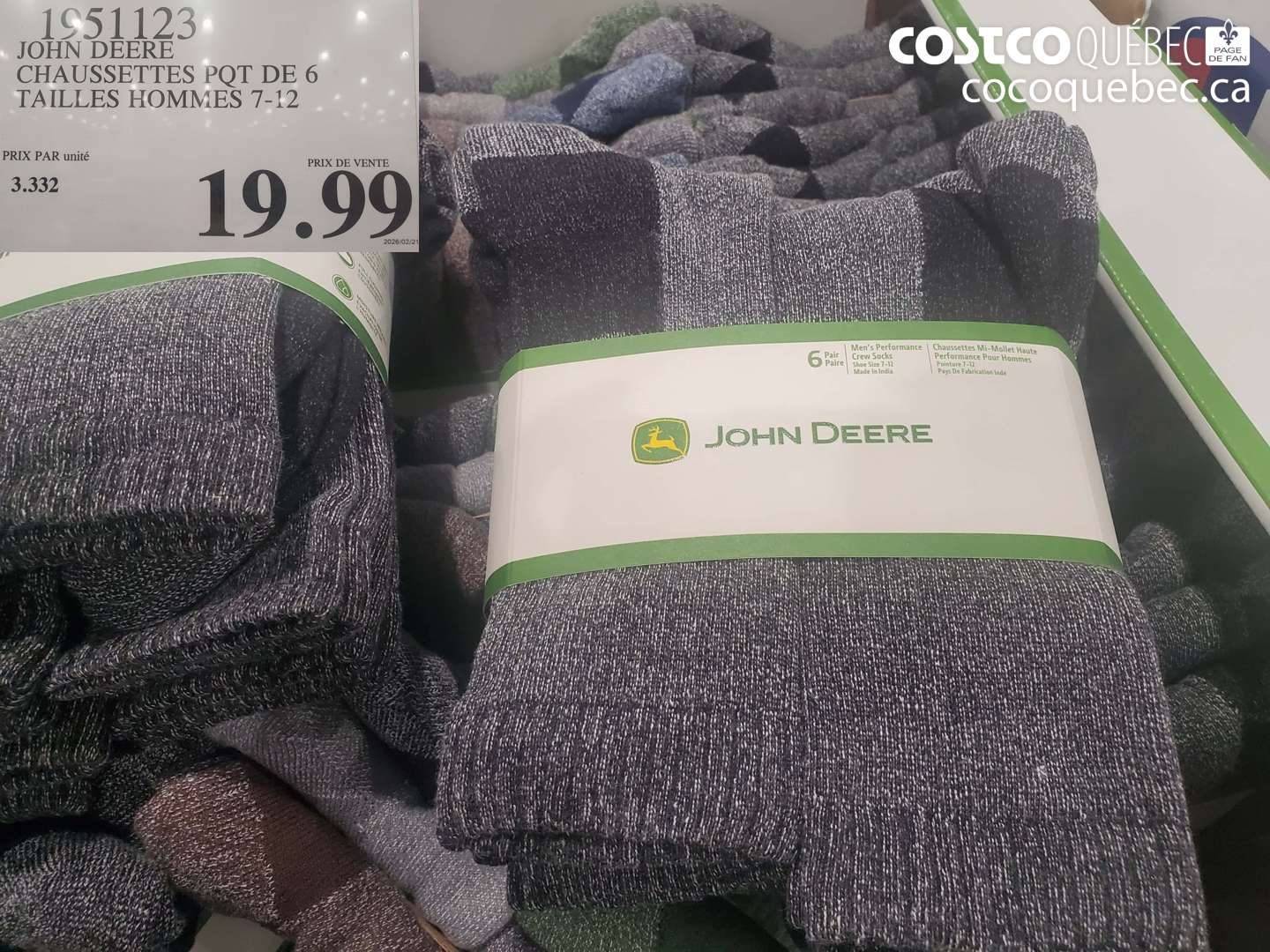 1951123 JOHN DEERE CHAUSSETTES PQT DE 6 TAILLES HOMMES 7-12 $19.99