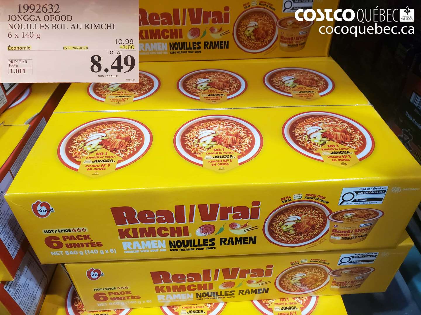 1992632 JONGGA OFOOD NOUILLES BOL AU KIMCHI 6 X 140 G ($2.50 INSTANT SAVINGS EXPIRES ON 2026-03-08) $8.49