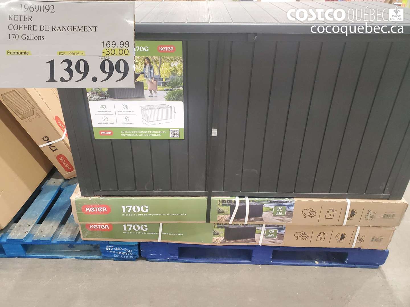 1969092 KETER COFFRE DE RANGEMENT 170 GALLONS ($30.00 INSTANT SAVINGS EXPIRES ON 2026-03-15) $139.99