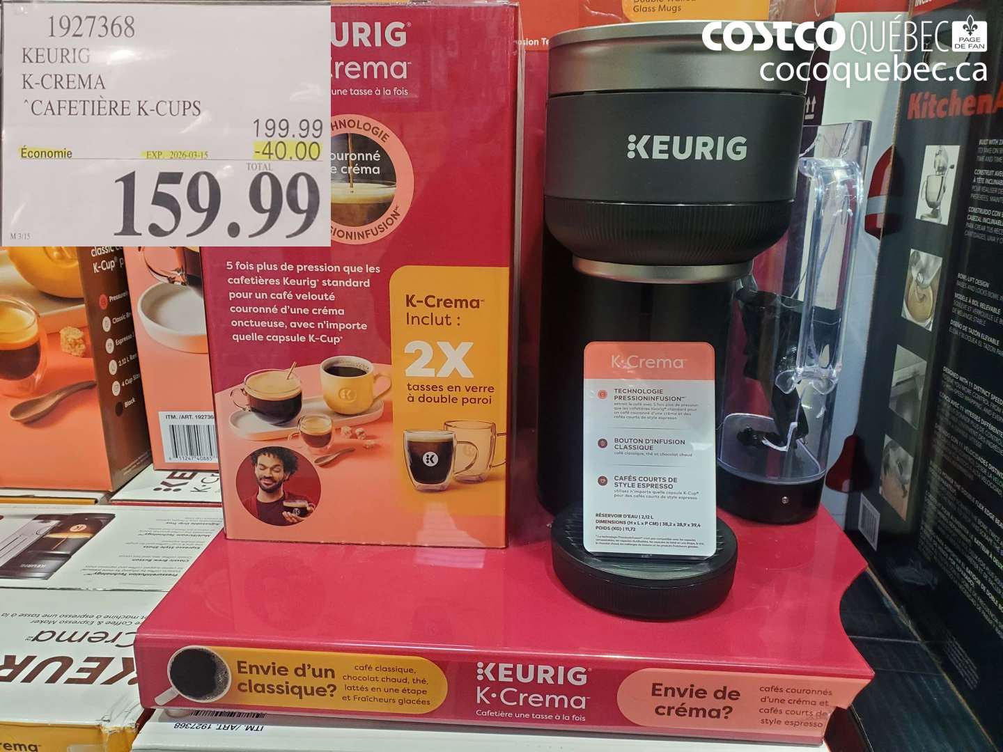 1927368 KEURIG K-CREMA CAFETIÈRE K-CUPS ($40.00 INSTANT SAVINGS EXPIRES ON 2026-03-15) $159.99