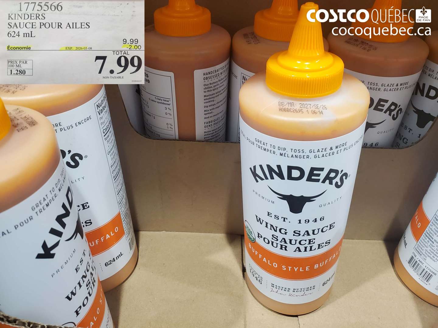 1775566 KINDERS SAUCE POUR AILES 624 ML ($2.00 INSTANT SAVINGS EXPIRES ON 2026-03-08) $7.99