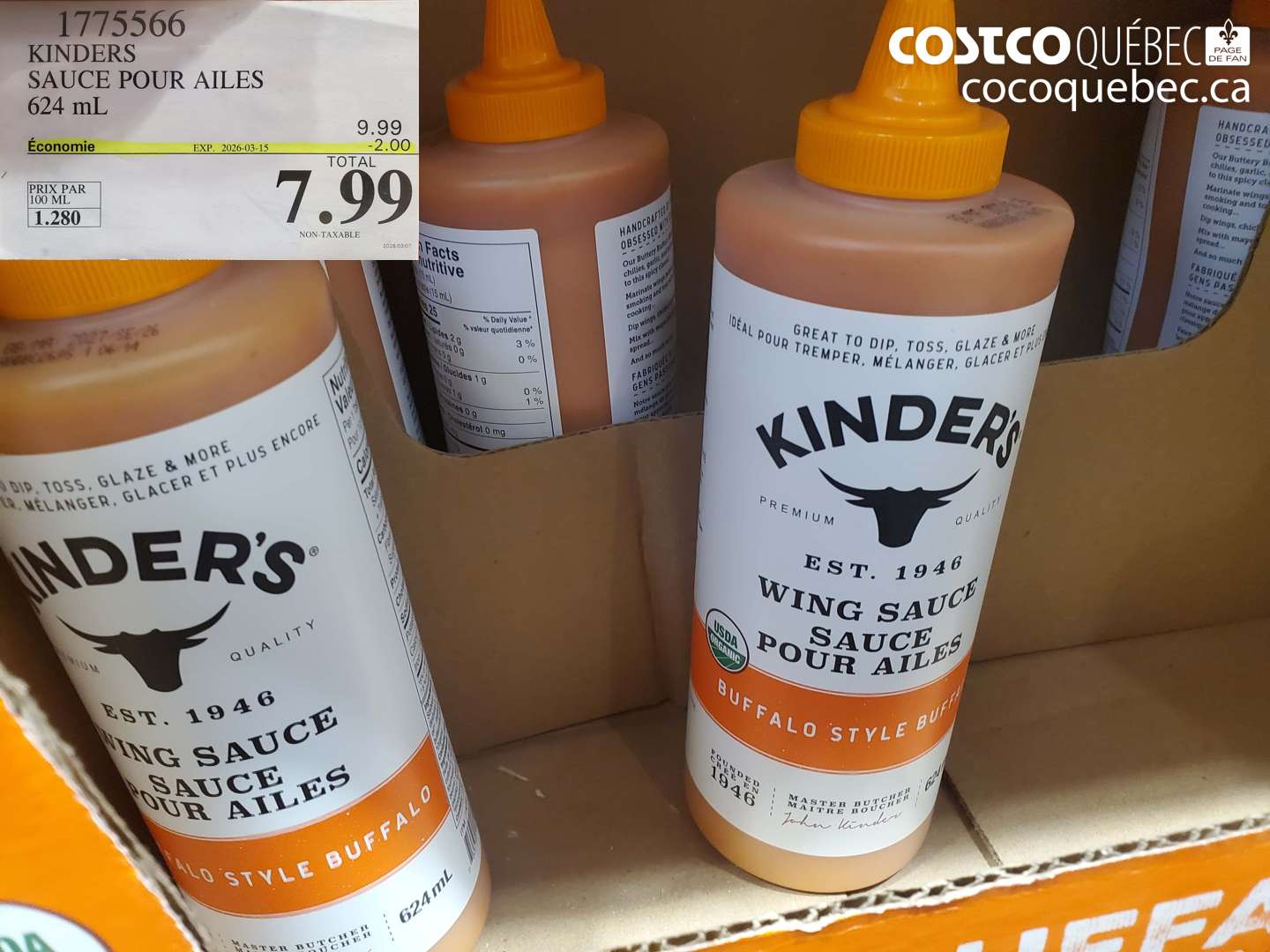 1775566 KINDERS SAUCE POUR AILES 624 ML ($2.00 INSTANT SAVINGS EXPIRES ON 2026-03-15) $7.99