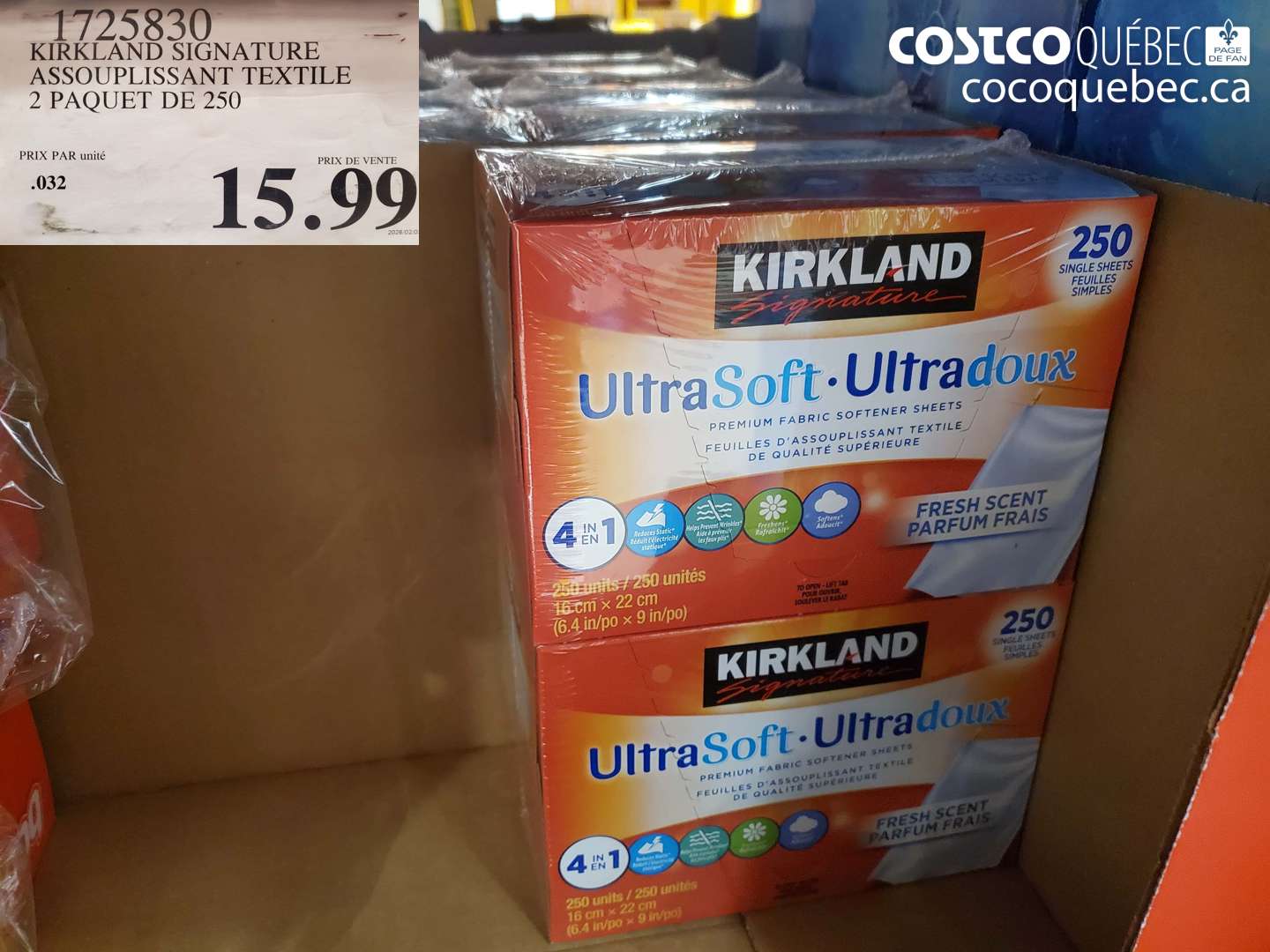 1725830 KIRKLAND SIGNATURE ASSOUPLISSANT TEXTILE 2 PAQUET DE 250 $15.99