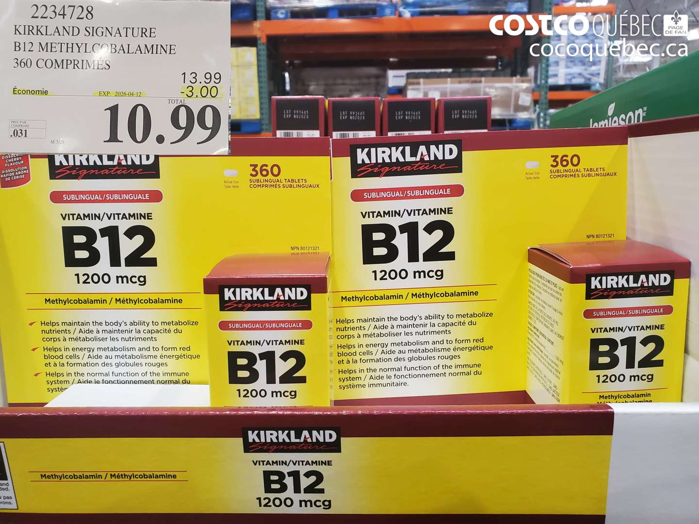 2234728 KIRKLAND SIGNATURE B12 METHYLCOBALAMINE 360 COMPRIMÉS ($3.00 INSTANT SAVINGS EXPIRES ON 2026-04-12) $10.99