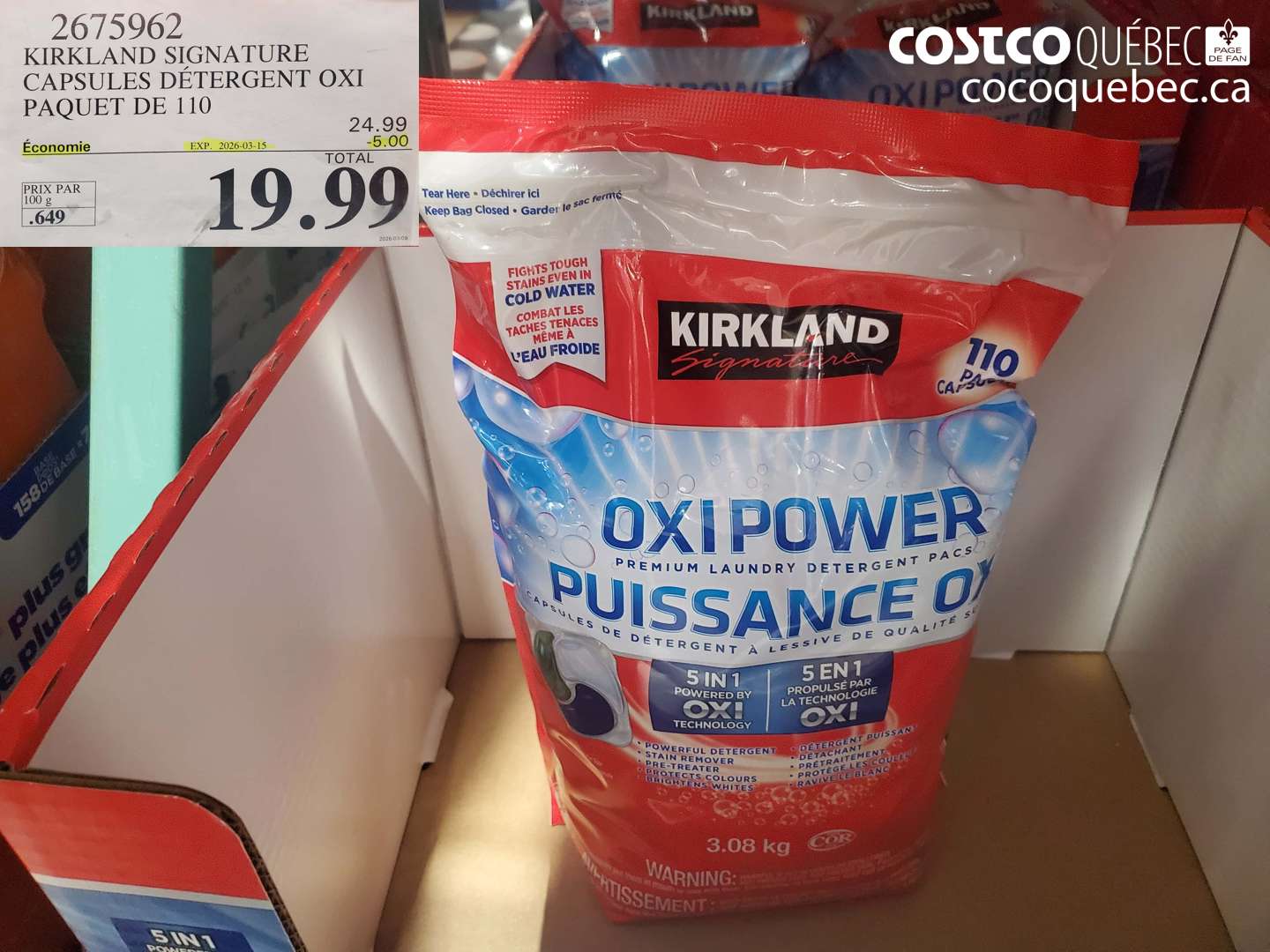 2675962 KIRKLAND SIGNATURE CAPSULES DÉTERGENT OXI PAQUET DE 110 ($5.00 INSTANT SAVINGS EXPIRES ON 2026-03-15) $19.99