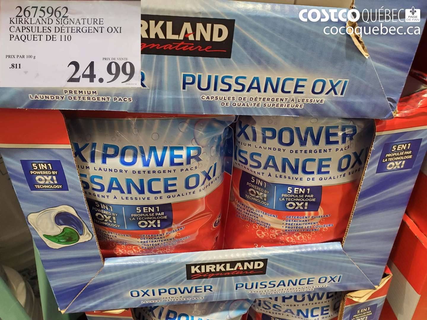 2675962 KIRKLAND SIGNATURE CAPSULES DÉTERGENT OXI PAQUET DE 110 $24.99