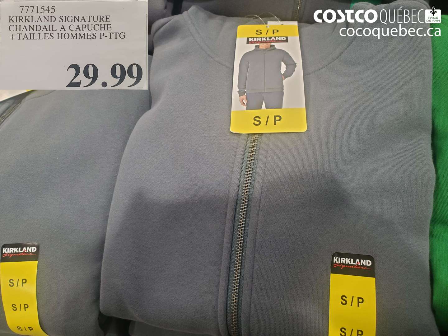 7771545 KIRKLAND SIGNATURE CHANDAIL A CAPUCHE + TAILLES HOMMES P-TTG $29.99