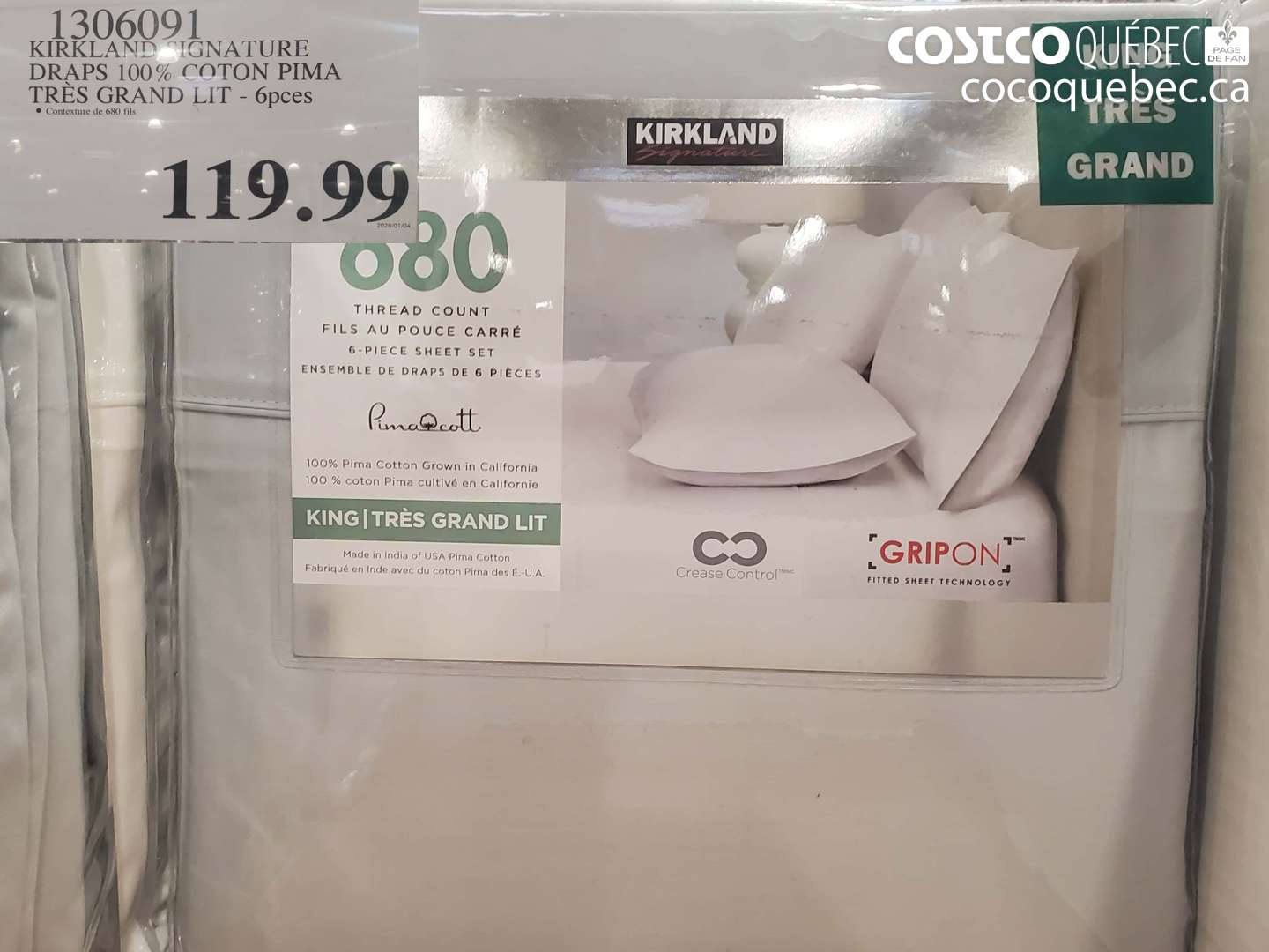 1306091 KIRKLAND SIGNATURE DRAPS 100% COTON PIMA TRÈS GRAND LIT - 6PCS $119.99