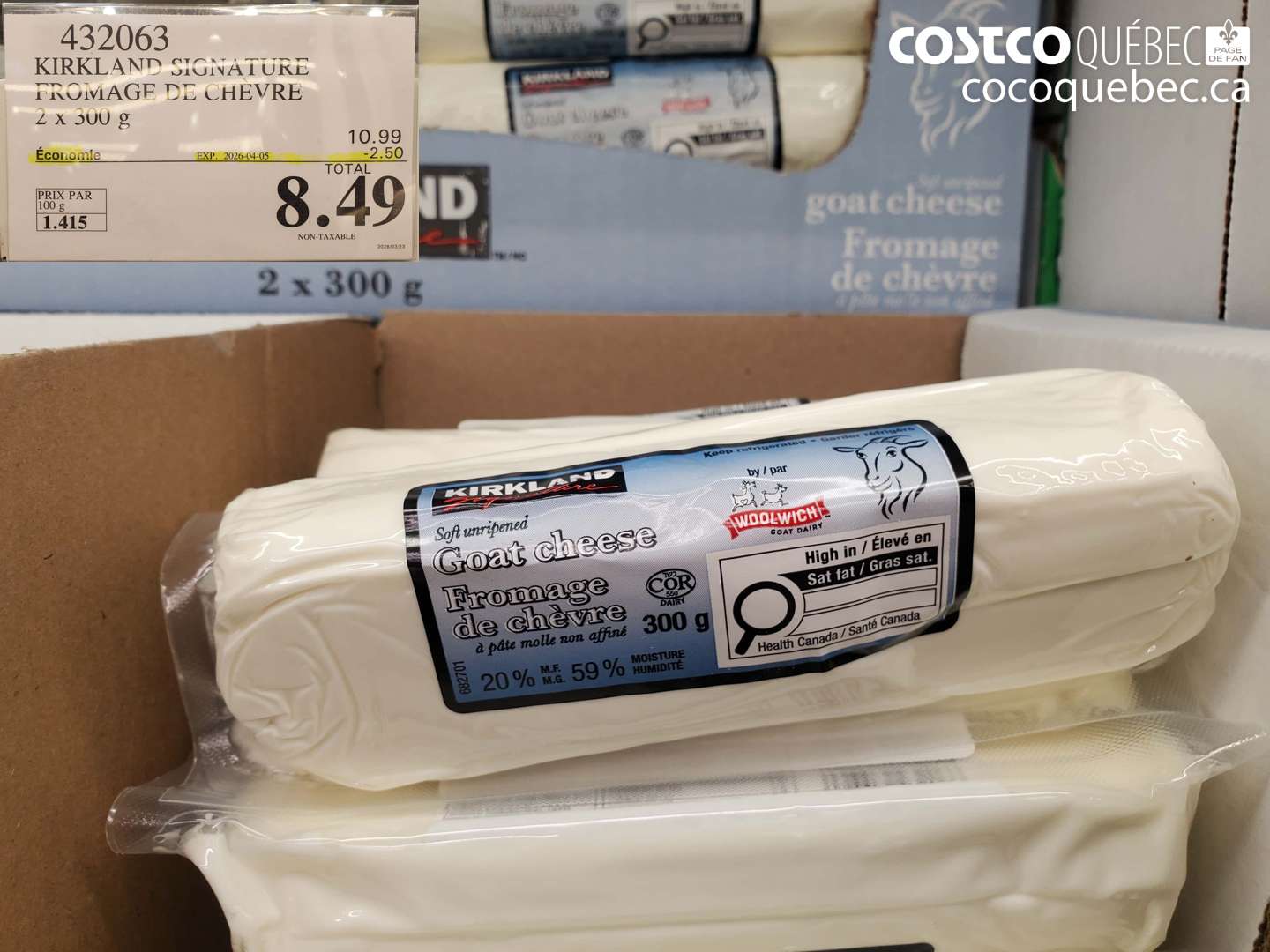 432063 KIRKLAND SIGNATURE FROMAGE DE CHEVRE 2 X 300 G ($2.50 INSTANT SAVINGS EXPIRES ON 2026-04-05) $8.49