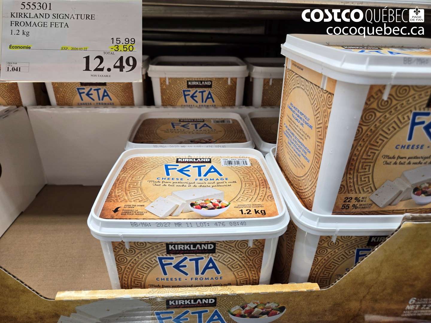 555301 KIRKLAND SIGNATURE FROMAGE FETA 1.2 KG ($3.50 INSTANT SAVINGS EXPIRES ON 2026-03-22) $12.49