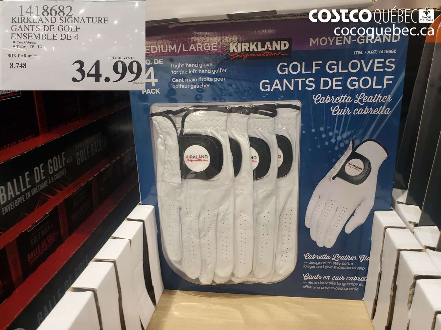 1418682 KIRKLAND SIGNATURE GANTS DE GOLF ENSEMBLE DE 4 $34.99