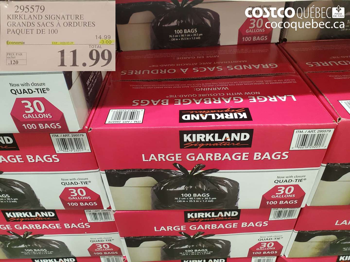 295579 KIRKLAND SIGNATURE GRANDS SACS A ORDURES PAQUET DE 100 ($3.00 INSTANT SAVINGS EXPIRES ON 2026-03-29) $11.99