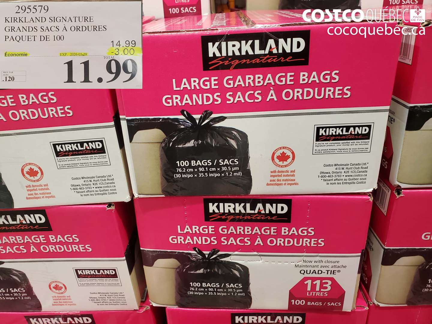 295579 KIRKLAND SIGNATURE GRANDS SACS À ORDURES PAQUET DE 100 ($3.00 INSTANT SAVINGS EXPIRES ON 2026-03-29) $11.99