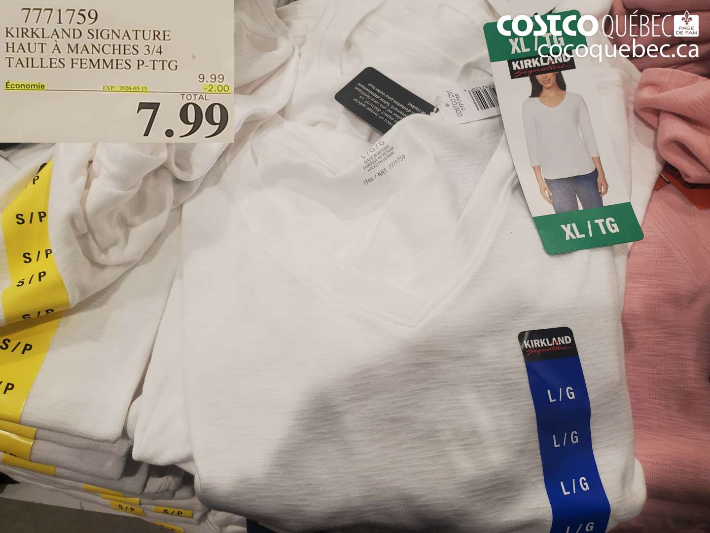 7771759 KIRKLAND SIGNATURE HAUT A MANCHES 3/4 TAILLES FEMMES P-TTG ($2.00 INSTANT SAVINGS EXPIRES ON 2026-03-15) $7.99