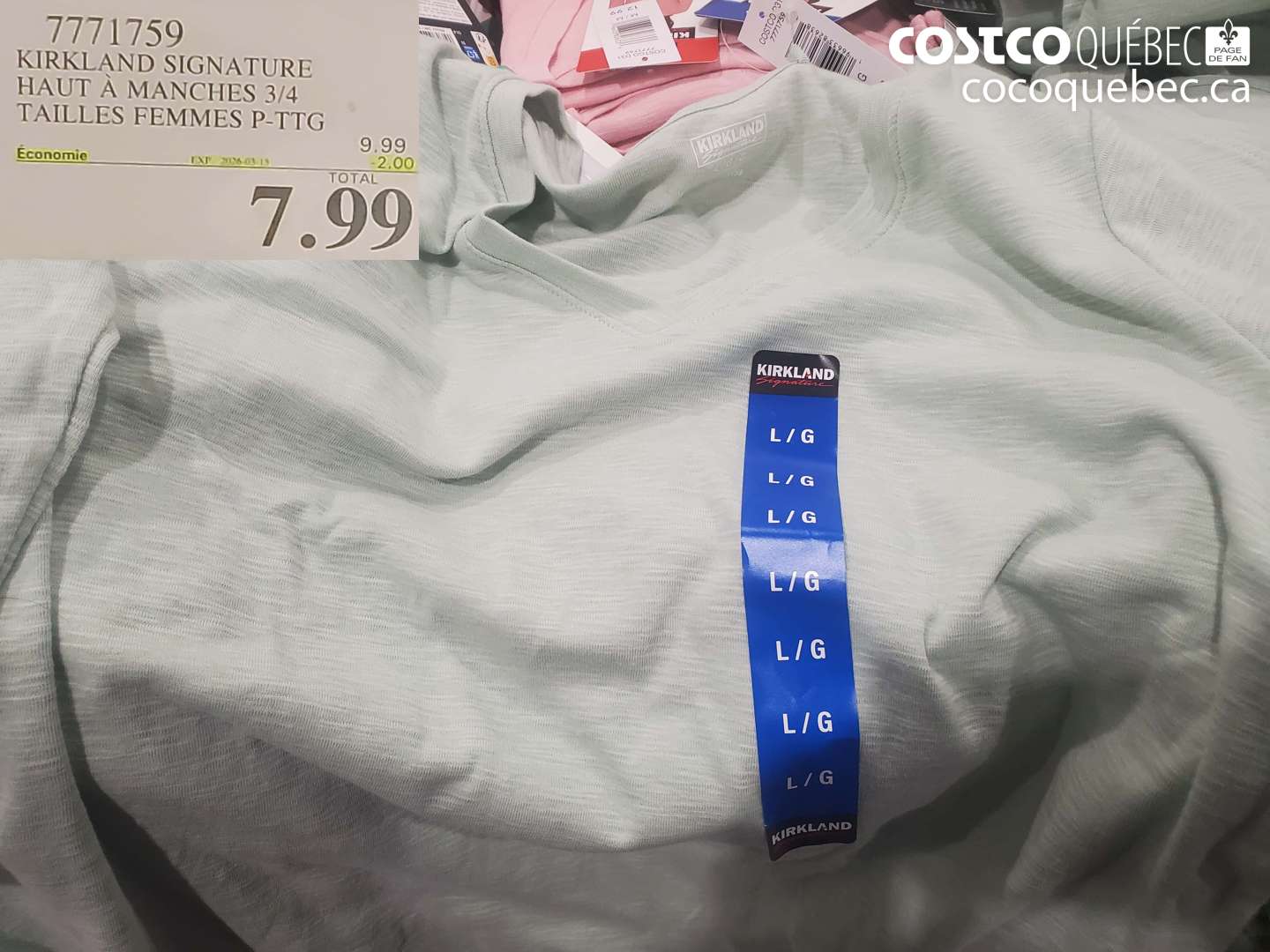 7771759 KIRKLAND SIGNATURE HAUT À MANCHES 3/4 TAILLES FEMMES P-TTG ($2.00 INSTANT SAVINGS EXPIRES ON 2026-03-15) $7.99