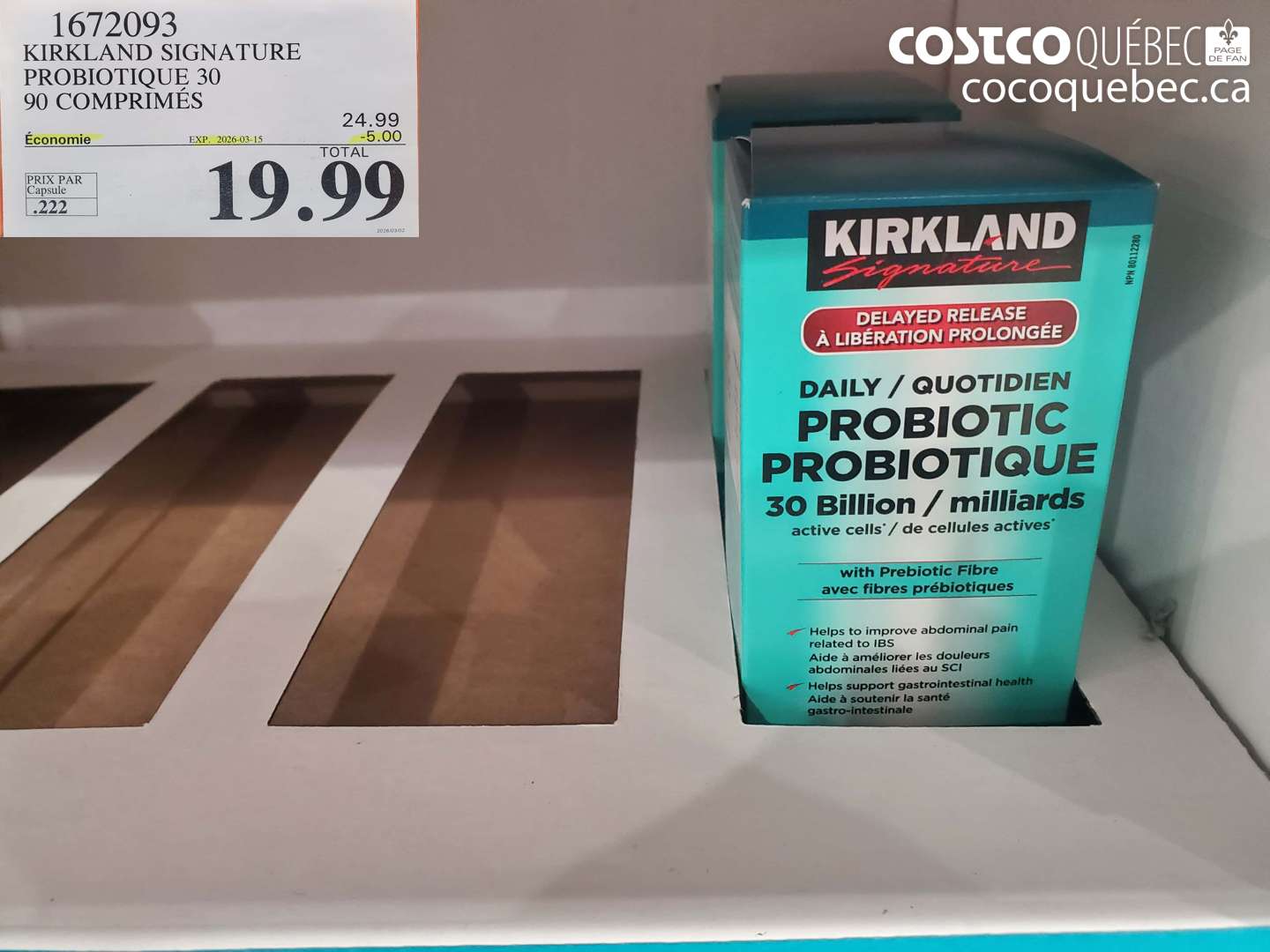 1672093 KIRKLAND SIGNATURE PROBIOTIQUE 30 90 COMPRIMÉS ($5.00 INSTANT SAVINGS EXPIRES ON 2026-03-15) $19.99