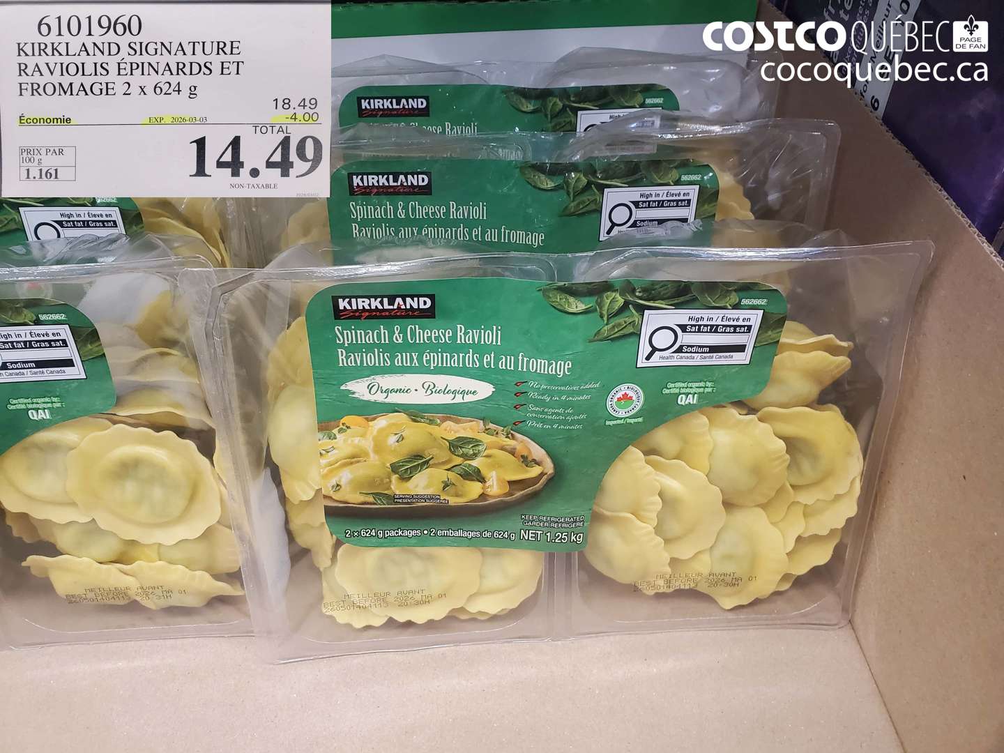 6101960 KIRKLAND SIGNATURE RAVIOLIS ÉPINARDS ET FROMAGE 2 X 624 G ($4.00 INSTANT SAVINGS EXPIRES ON 2026-03-03) $14.49