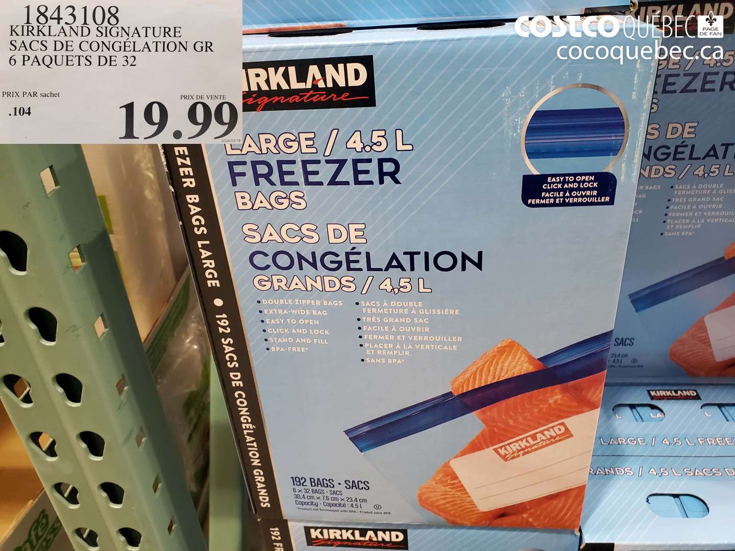 1843108 KIRKLAND SIGNATURE SACS DE CONGÉLATION GR 6 PAQUETS DE 32 $19.99