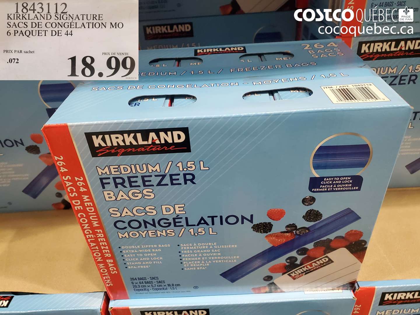 1843112 KIRKLAND SIGNATURE SACS DE CONGÉLATION MO 6 PAQUET DE 44 $18.99