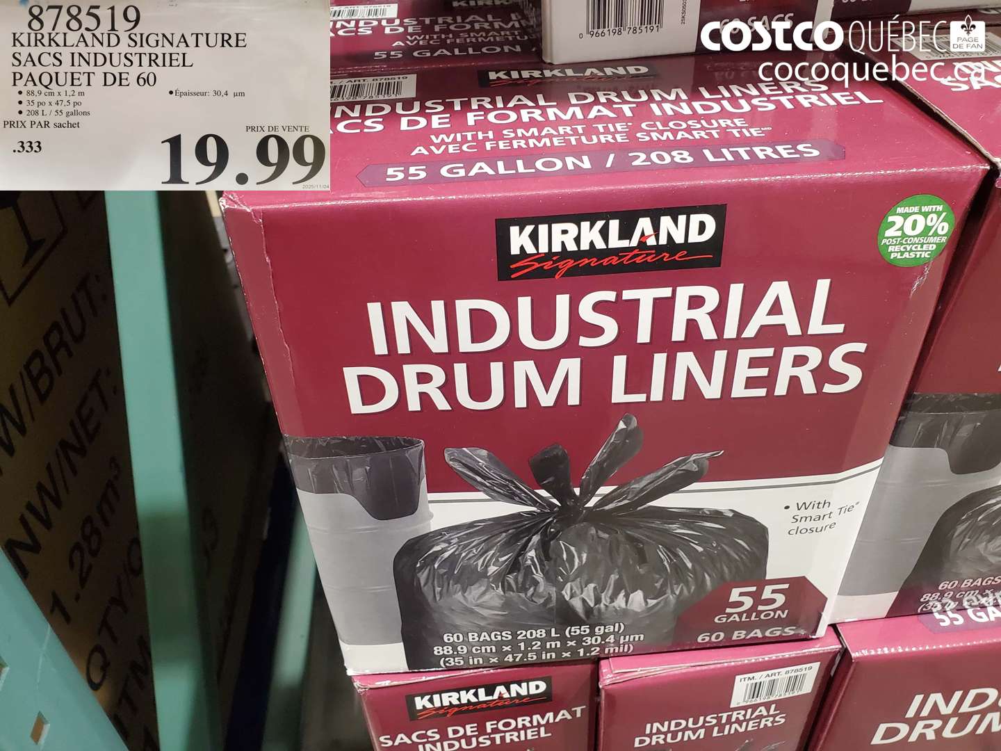 878519 KIRKLAND SIGNATURE SACS INDUSTRIEL PAQUET DE 60 $19.99
