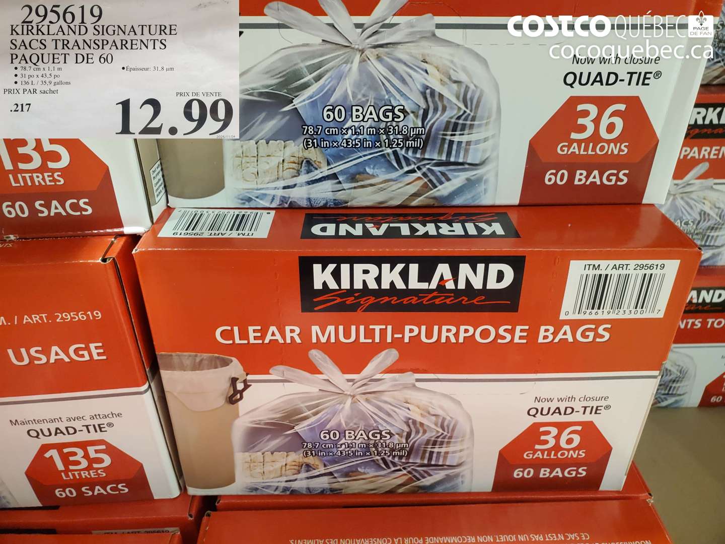295619 KIRKLAND SIGNATURE SACS TRANSPARENTS PAQUET DE 60 $12.99