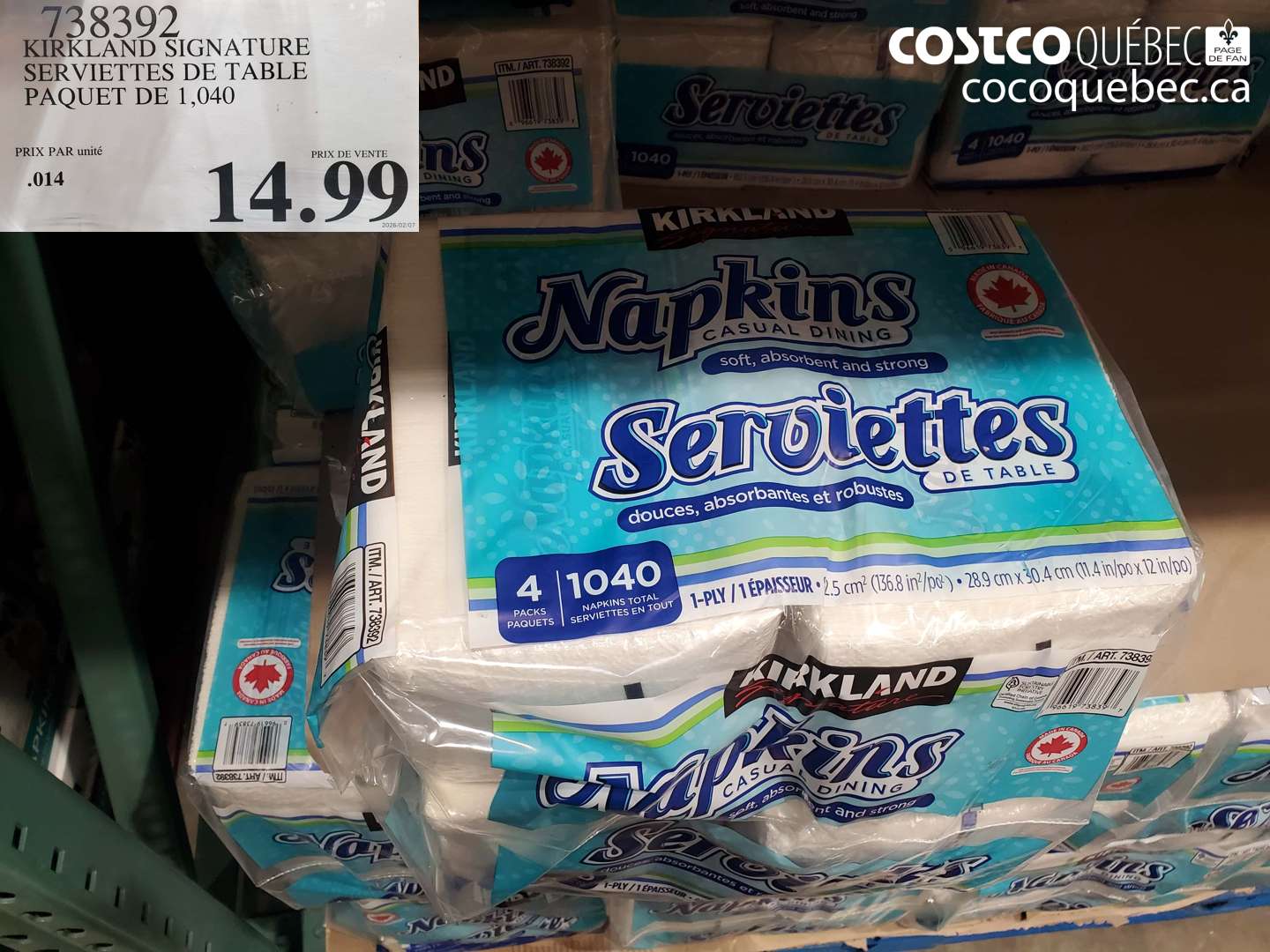 738392 KIRKLAND SIGNATURE SERVIETTES DE TABLE PAQUET DE 1,040 $14.99