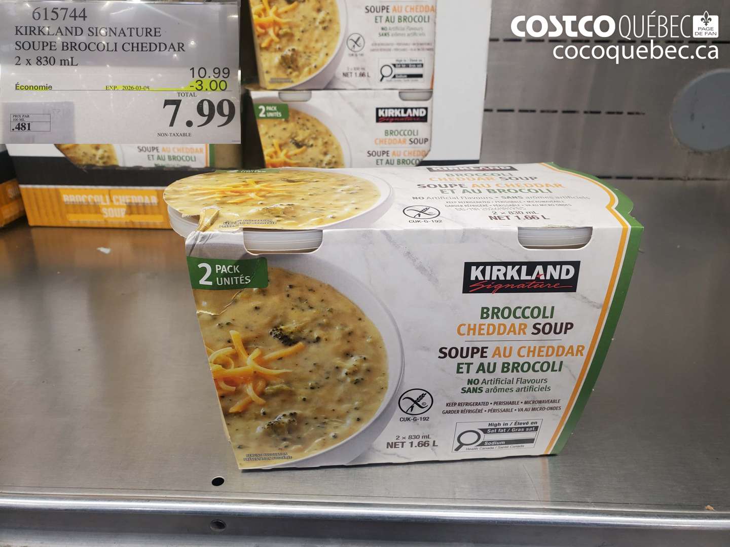 615744 KIRKLAND SIGNATURE SOUPE BROCOLI CHEDDAR 2 X 830 ML ($3.00 INSTANT SAVINGS EXPIRES ON 2026-03-08) $7.99