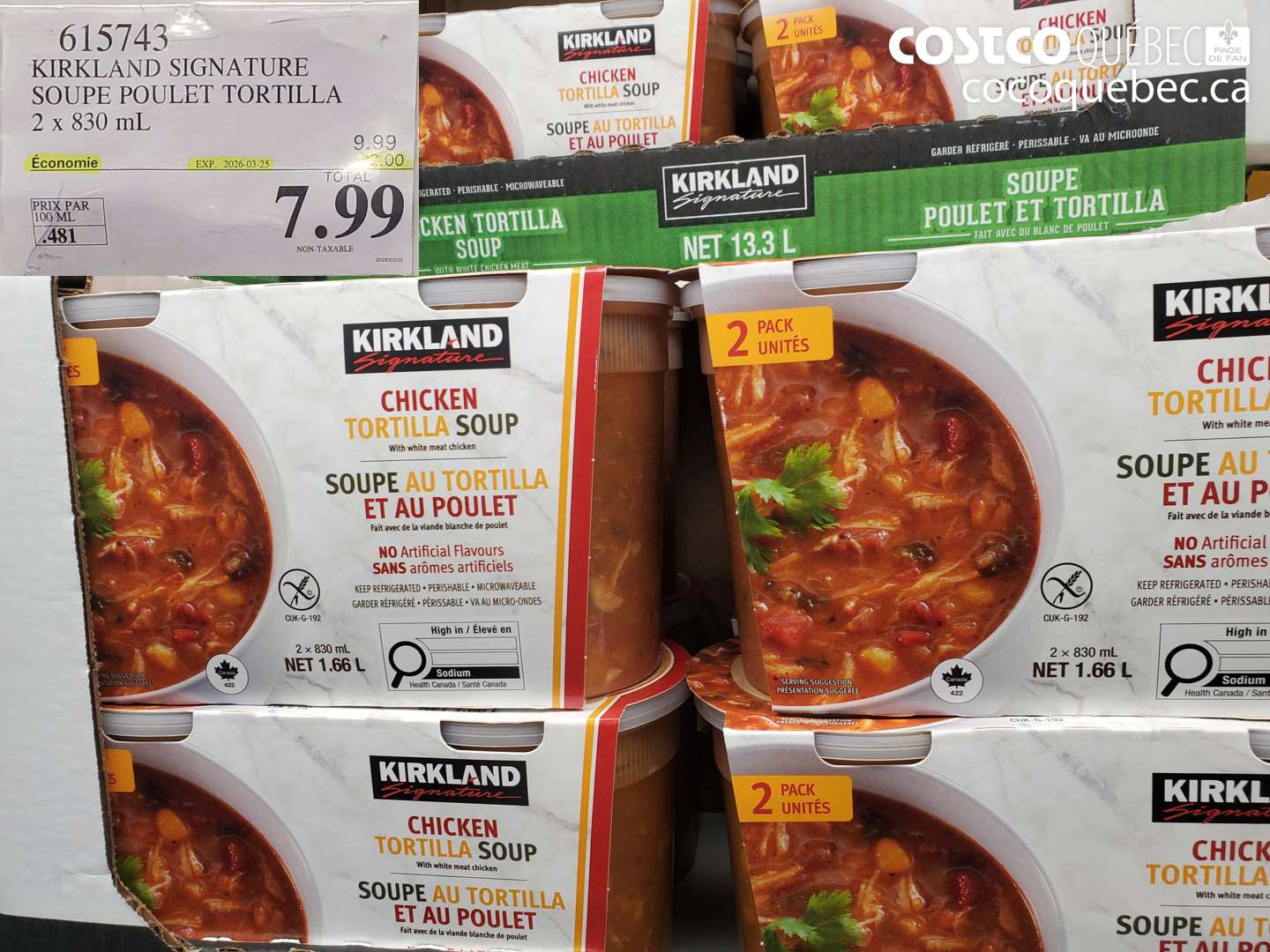 615743 KIRKLAND SIGNATURE SOUPE POULET TORTILLA 2 X 830 ML ($2.00 INSTANT SAVINGS EXPIRES ON 2026-03-25) $7.99