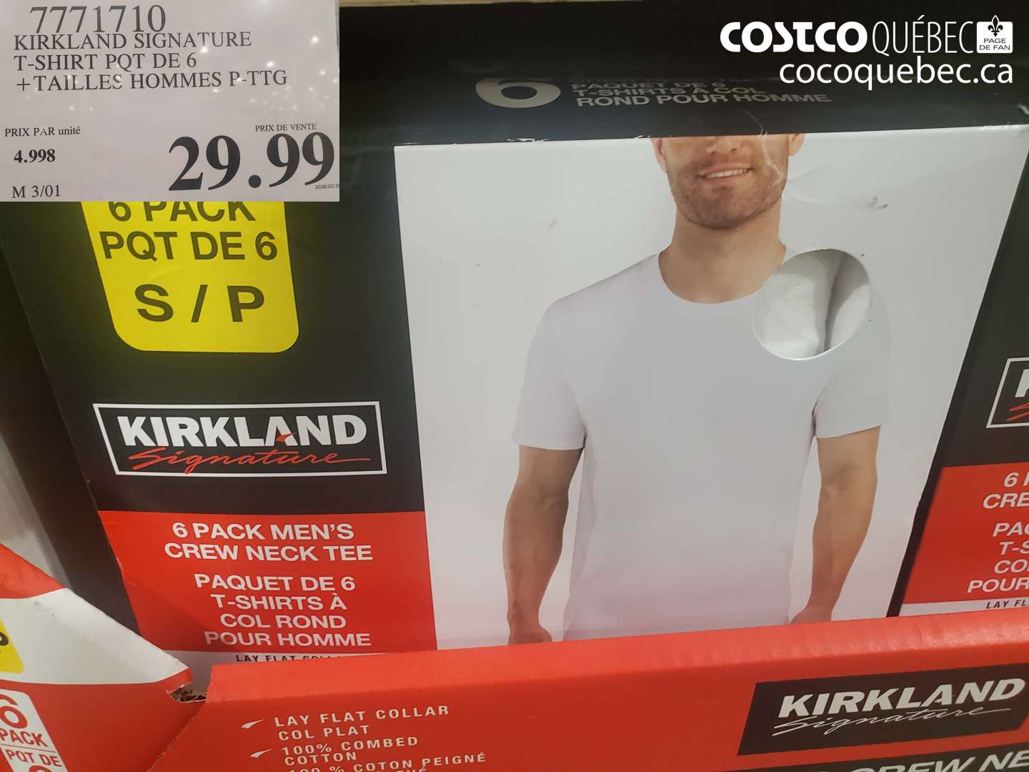 7771710 KIRKLAND SIGNATURE T-SHIRT PQT DE 6 + TAILLES HOMMES P-PTG $29.99