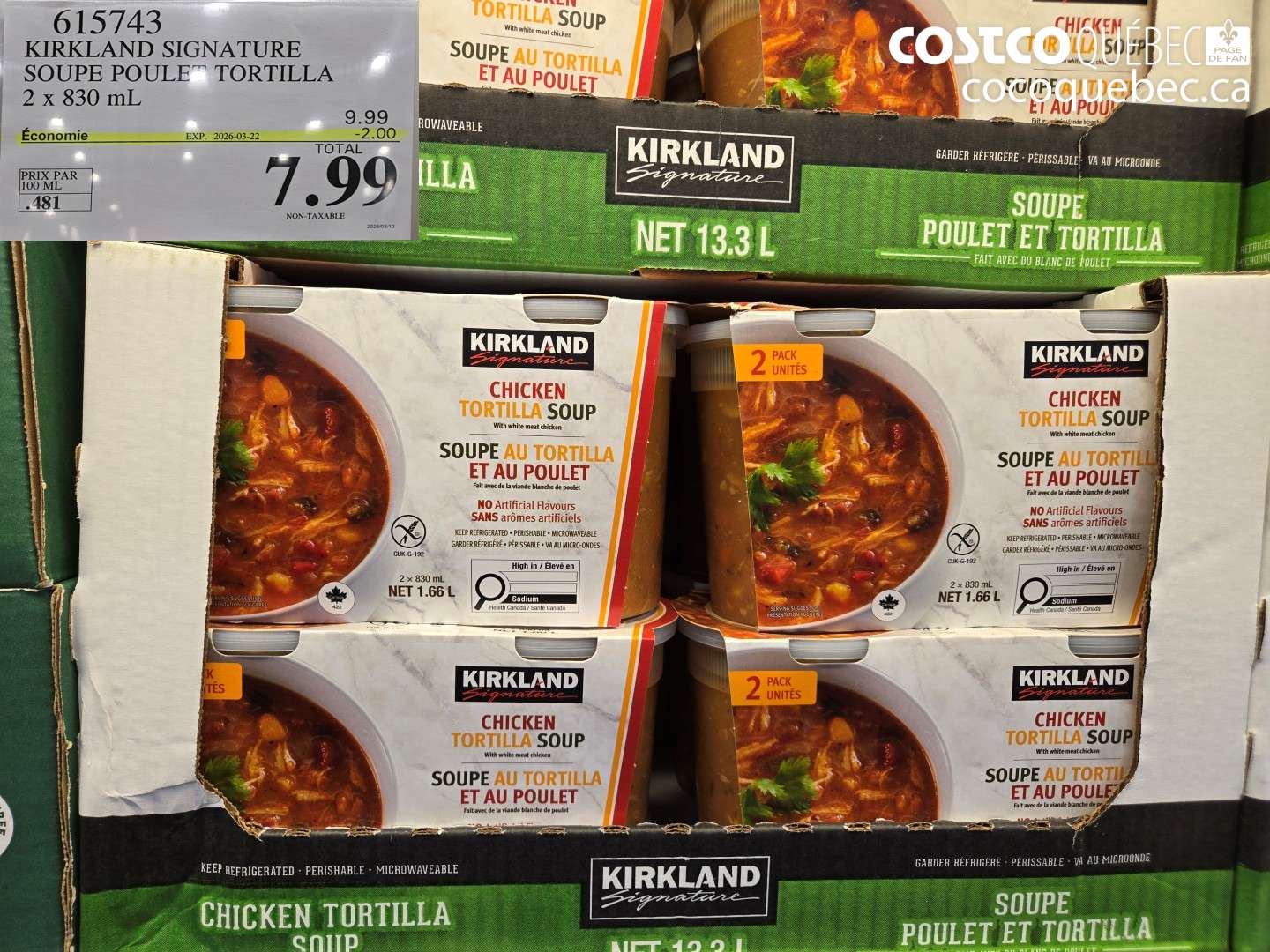 615743 KIRKLAND SIGNATURE SOUPE POULE TORTILLA 2 X 830 ML ($2.00 INSTANT SAVINGS EXPIRES ON 2026-03-22) $7.99
