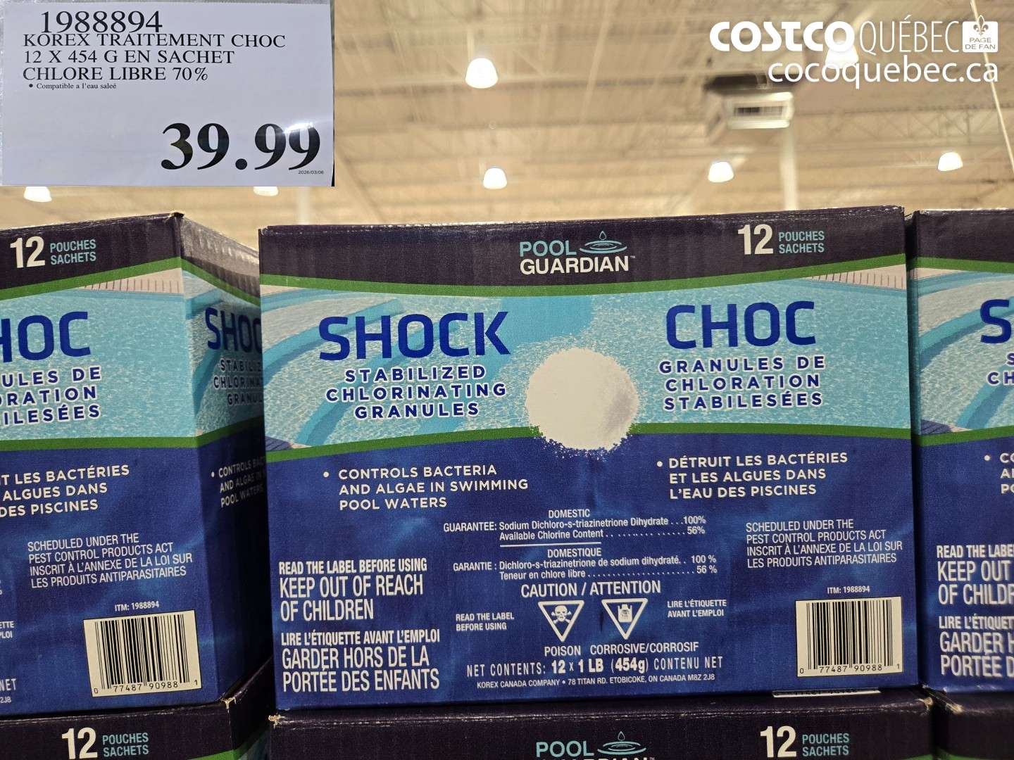 1988894 KOREX TRAITEMENT CHOC 12 X 454 G EN SACHET CHLORE LIBRE 70% $39.99