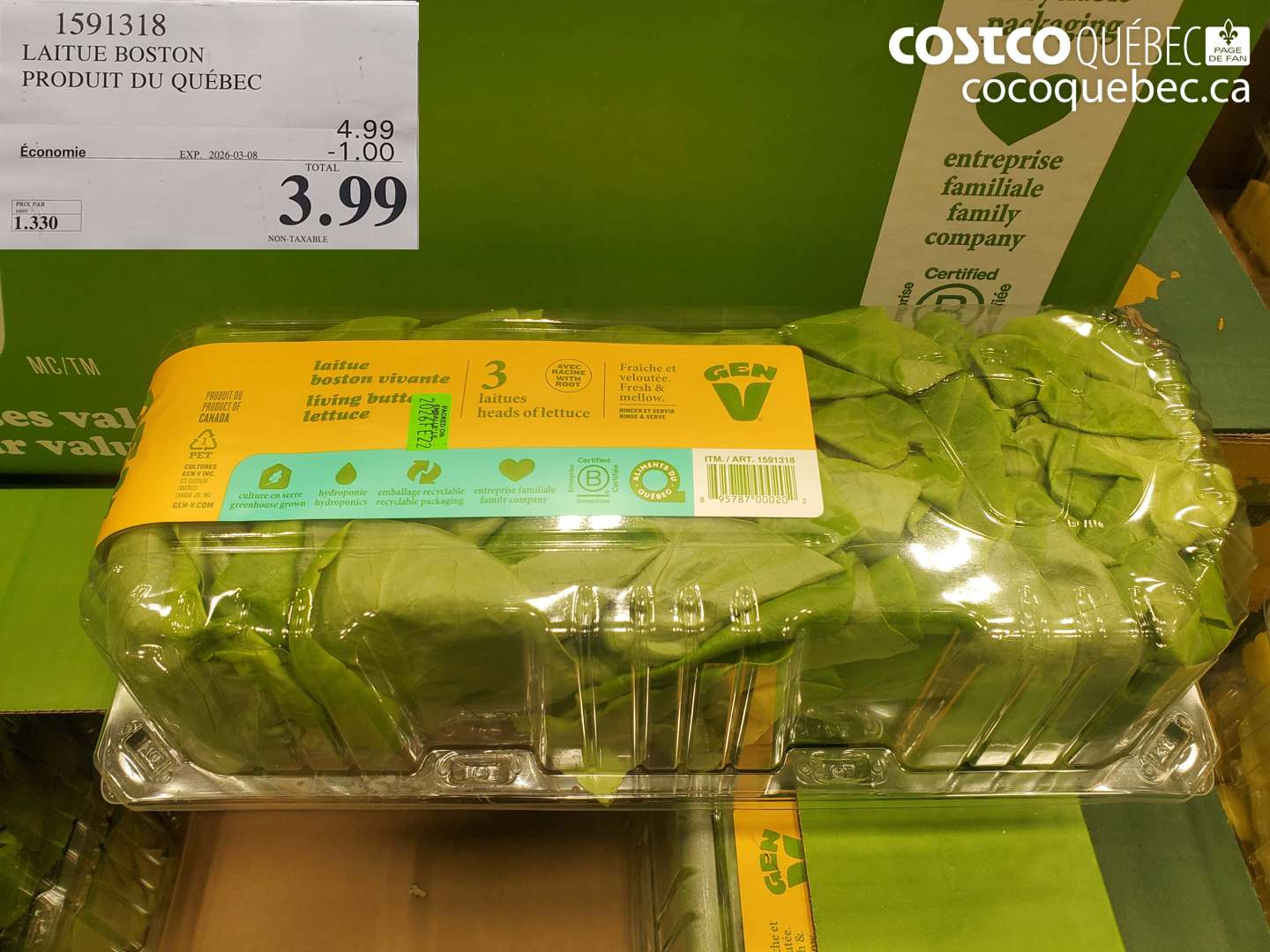 1591318 LAITUE BOSTON PRODUIT DU QUÉBEC ($1.00 INSTANT SAVINGS EXPIRES ON 2026-03-08) $3.99
