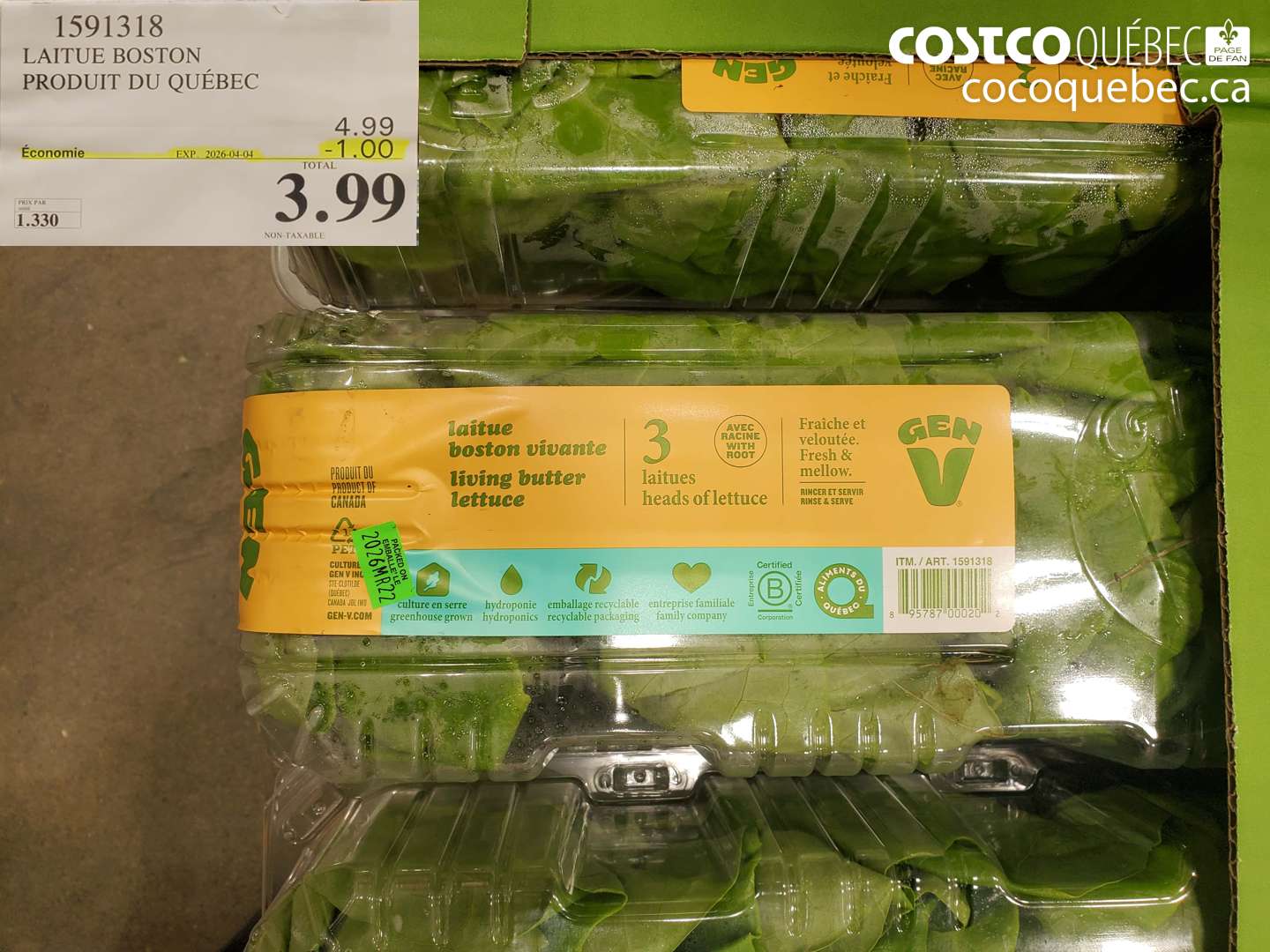 1591318 LAITUE BOSTON PRODUIT DU QUÉBEC ($1.00 INSTANT SAVINGS EXPIRES ON 2026-04-04) $3.99