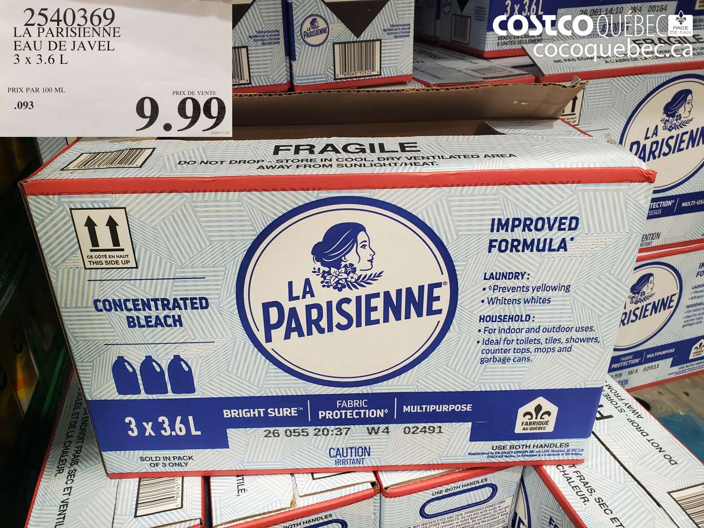 2540369 LA PARISIENNE EAU DE JAVEL 3 X 3.6 L $9.99