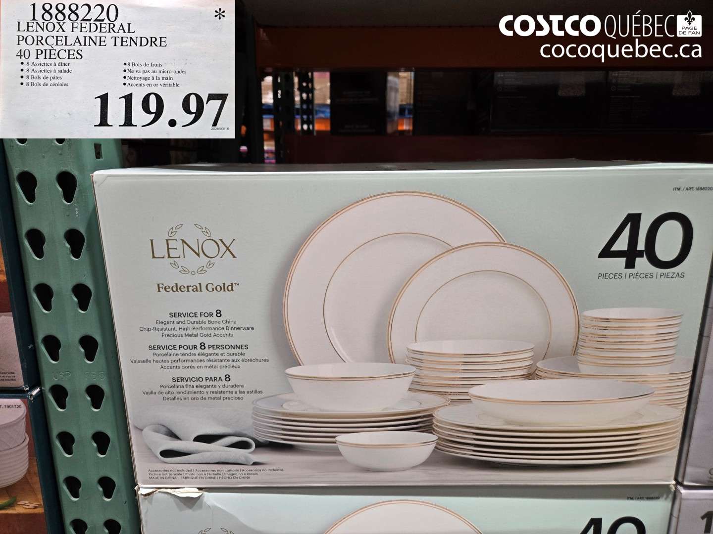 1888220 LENOX FEDERAL PORCELAINE TENDRE 40 PIECES $119.97