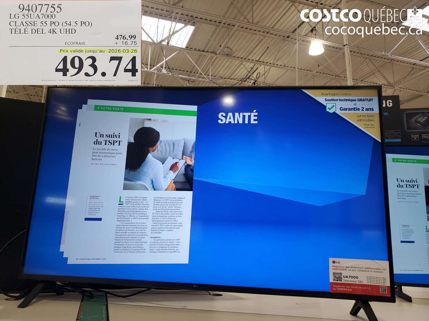9407755 LG 55UA7000 CLASSE 55 PO (54.5 PO) TÉLÉ DEL 4K UHD (EXPIRES ON 2026-03-26) $493.74
