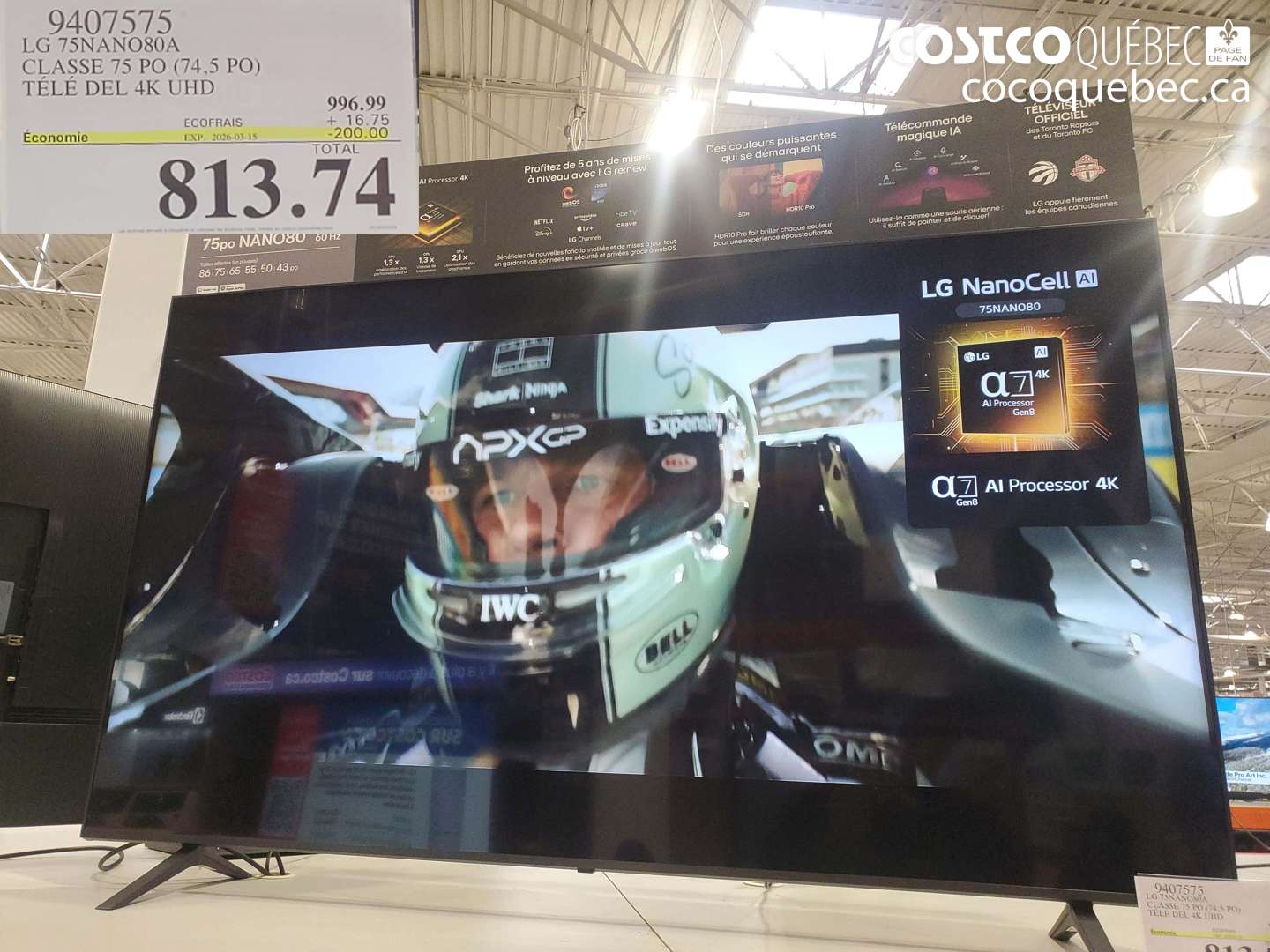 9407575 LG 75NANO80A CLASSE 75 PO (74,5 PO) TELE DEL 4K UHD ($200.00 INSTANT SAVINGS EXPIRES ON 2026-03-15) $813.74