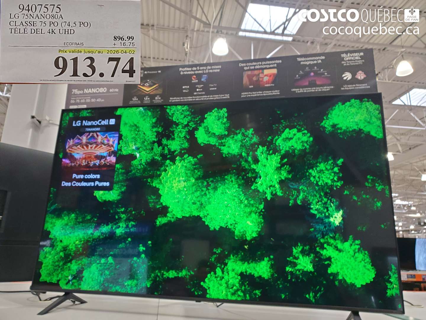 9407575 LG 75NANO80A CLASSE 75 PO (74,5 PO) TÉLÉ DEL 4K UHD (EXPIRES ON 2026-04-02) $913.74