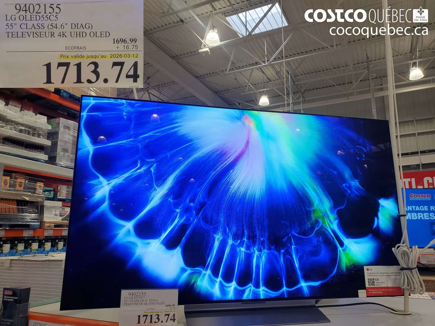 9402155 LG OLED55C5 55 CLASS (54.6 DIAG) TELEVISEUR 4K UHD OLED (EXPIRES ON 2026-03-12) $1713.74