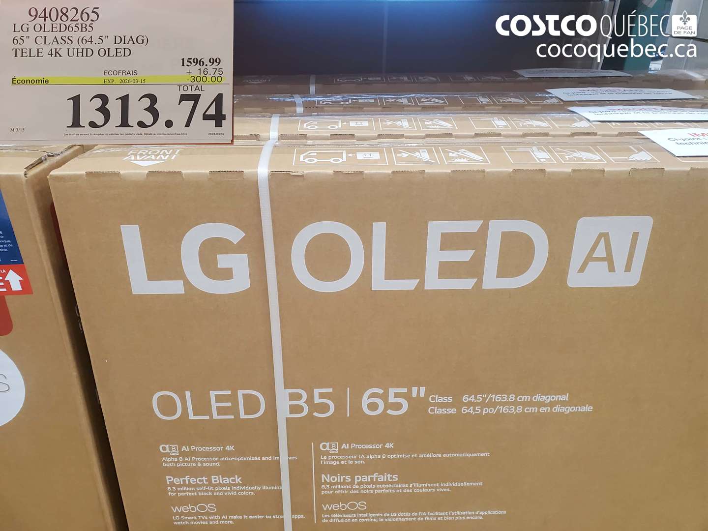 9408265 LG OLED65B5 65 CLASS (64.5 DIAG) TELE 4K UHD OLED ($300.00 INSTANT SAVINGS EXPIRES ON 2026-03-15) $1313.74