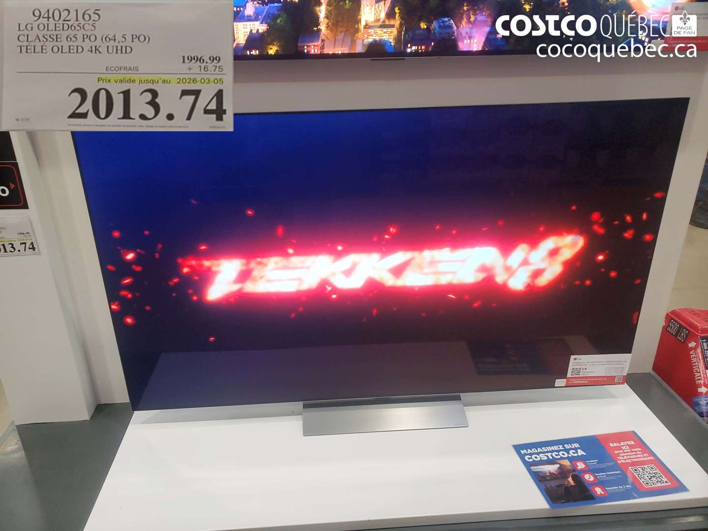 9402165 LG OLED65C5 CLASSE 65 PO (64,5 PO) TELE OLED 4K UHD (EXPIRES ON 2026-03-05) $2013.74