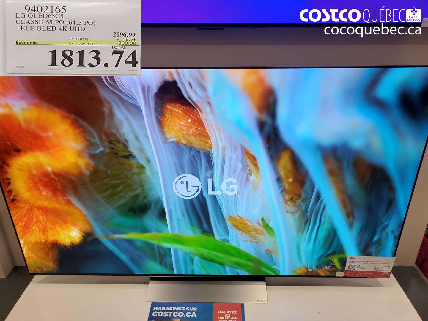 9402165 LG OLED65C5 CLASSE 65 PO (64,5 PO) TÉLÉ OLED 4K UHD ($300.00 INSTANT SAVINGS EXPIRES ON 2026-04-12) $1813.74