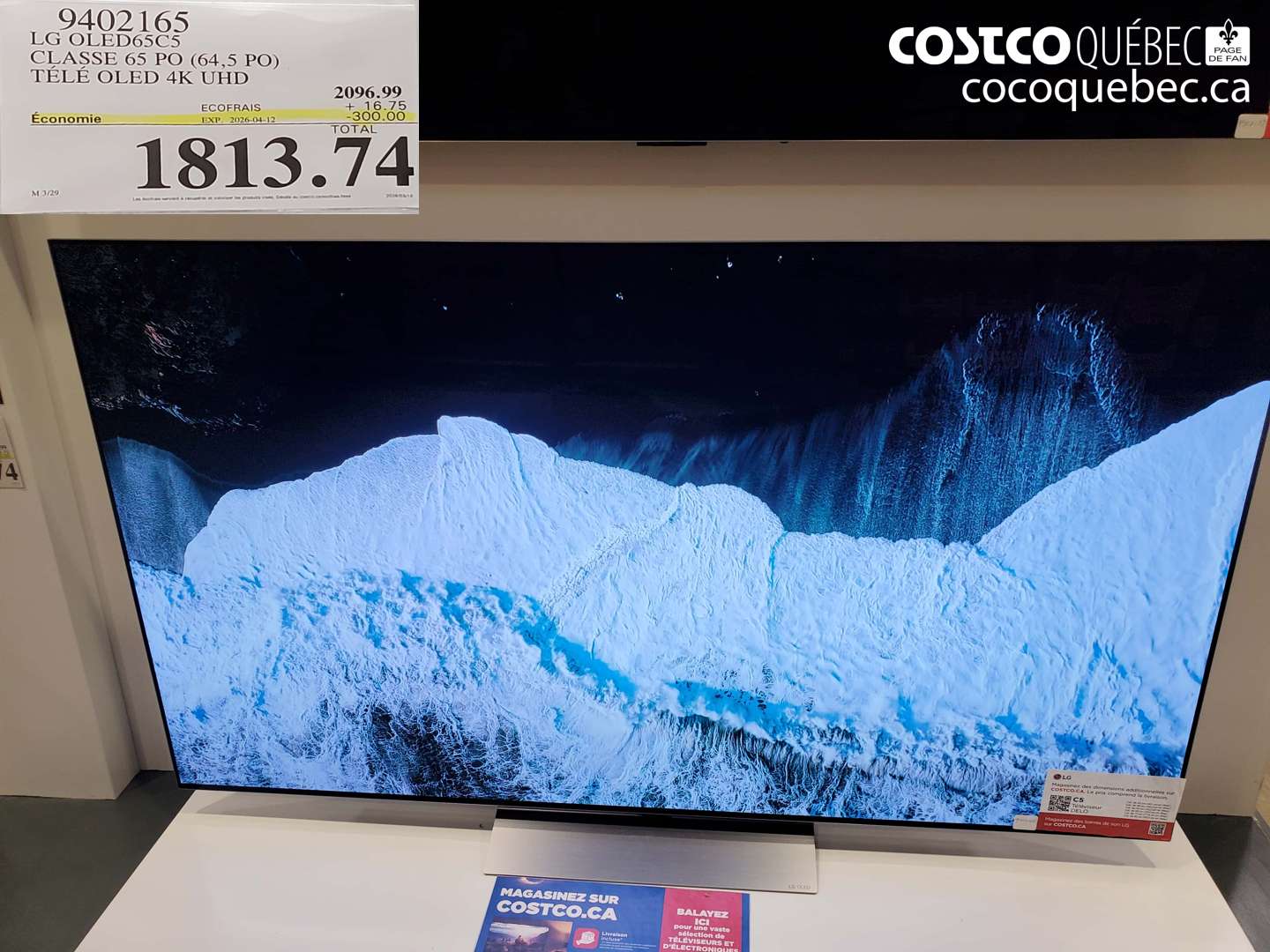 9402165 LG OLED65C5 CLASSE 65 PO (64,5 PO) TÉLÉ OLED 4K UHD ($300.00 INSTANT SAVINGS EXPIRES ON 2026-04-12) $1813.74