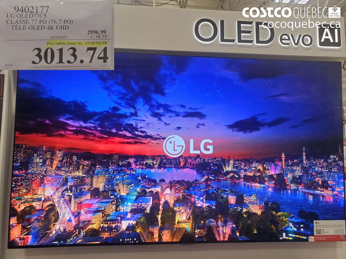 9402177 LG OLED77C5 CLASSE 77 PO (76,7 PO) (EXPIRES ON 2026-03-05) $3013.74