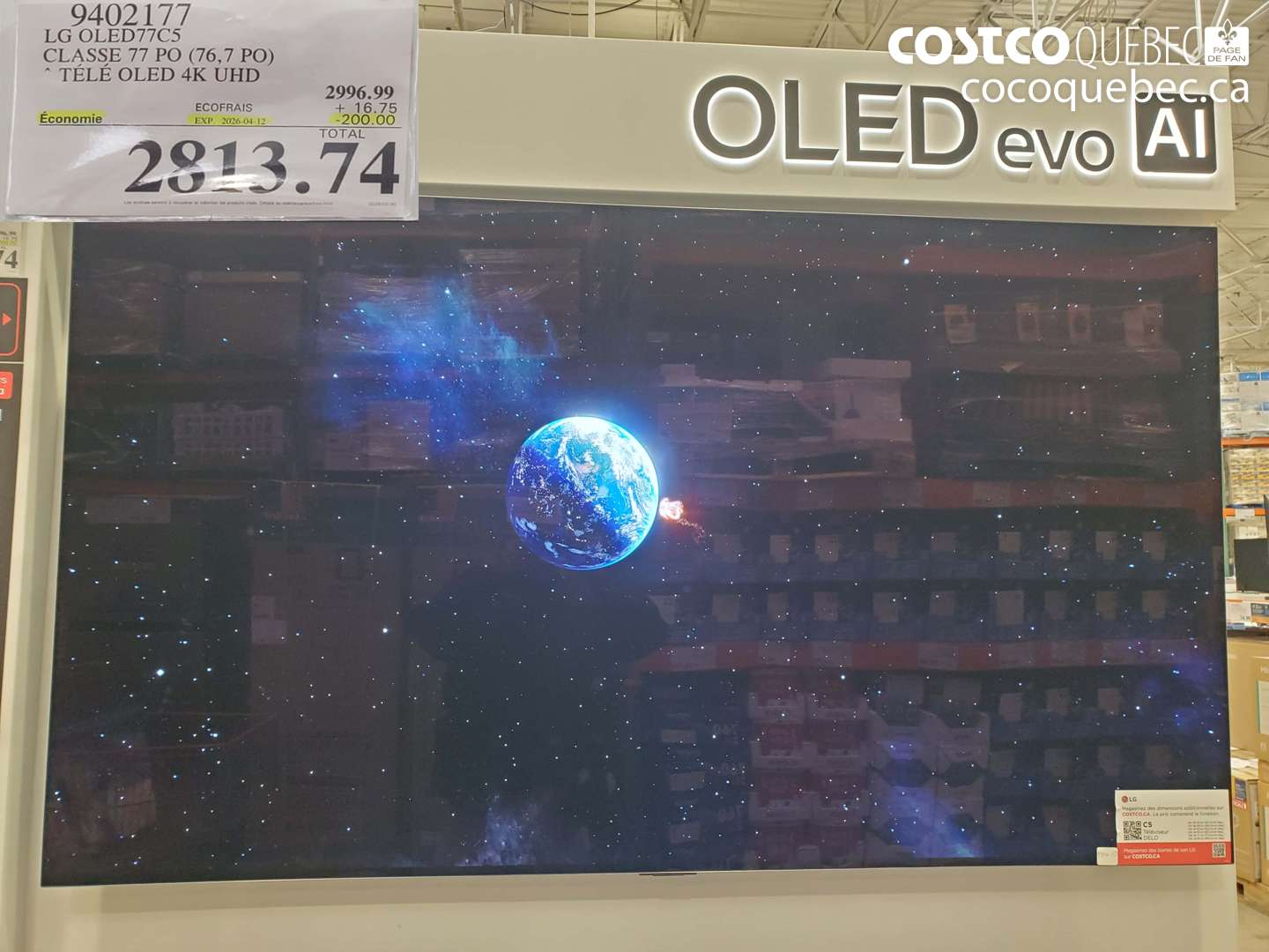 9402177 LG OLED77C5 CLASS 77 PO (76,7 PO) TÉLÉ OLED 4K UHD ($200.00 INSTANT SAVINGS EXPIRES ON 2026-04-12) $2813.74