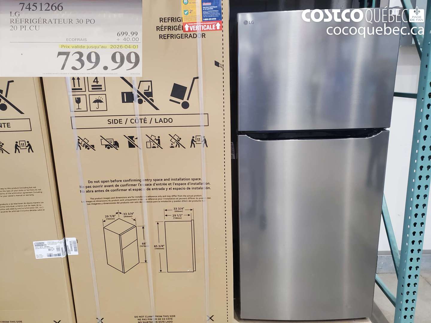 7451266 LG RÉFRIGÉRATEUR 30 PO 20 PI.CU (EXPIRES ON 2026-04-01) $739.99