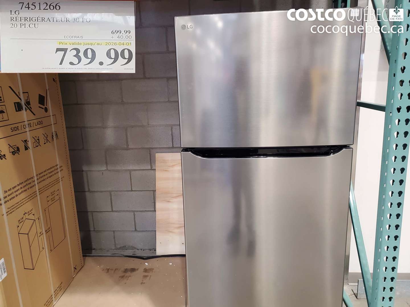 7451266 LG RÉFRIGÉRATEUR 30 PO 20 PI.CU (EXPIRES ON 2026-04-01) $739.99