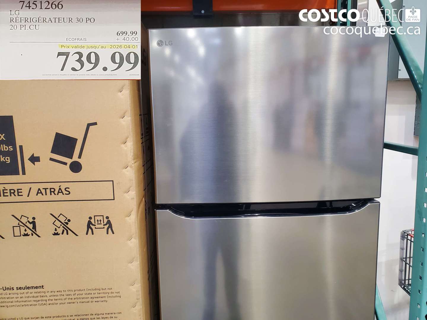 7451266 LG RÉFRIGÉRATEUR 30 PO 20 PI.CU (EXPIRES ON 2026-04-01) $739.99